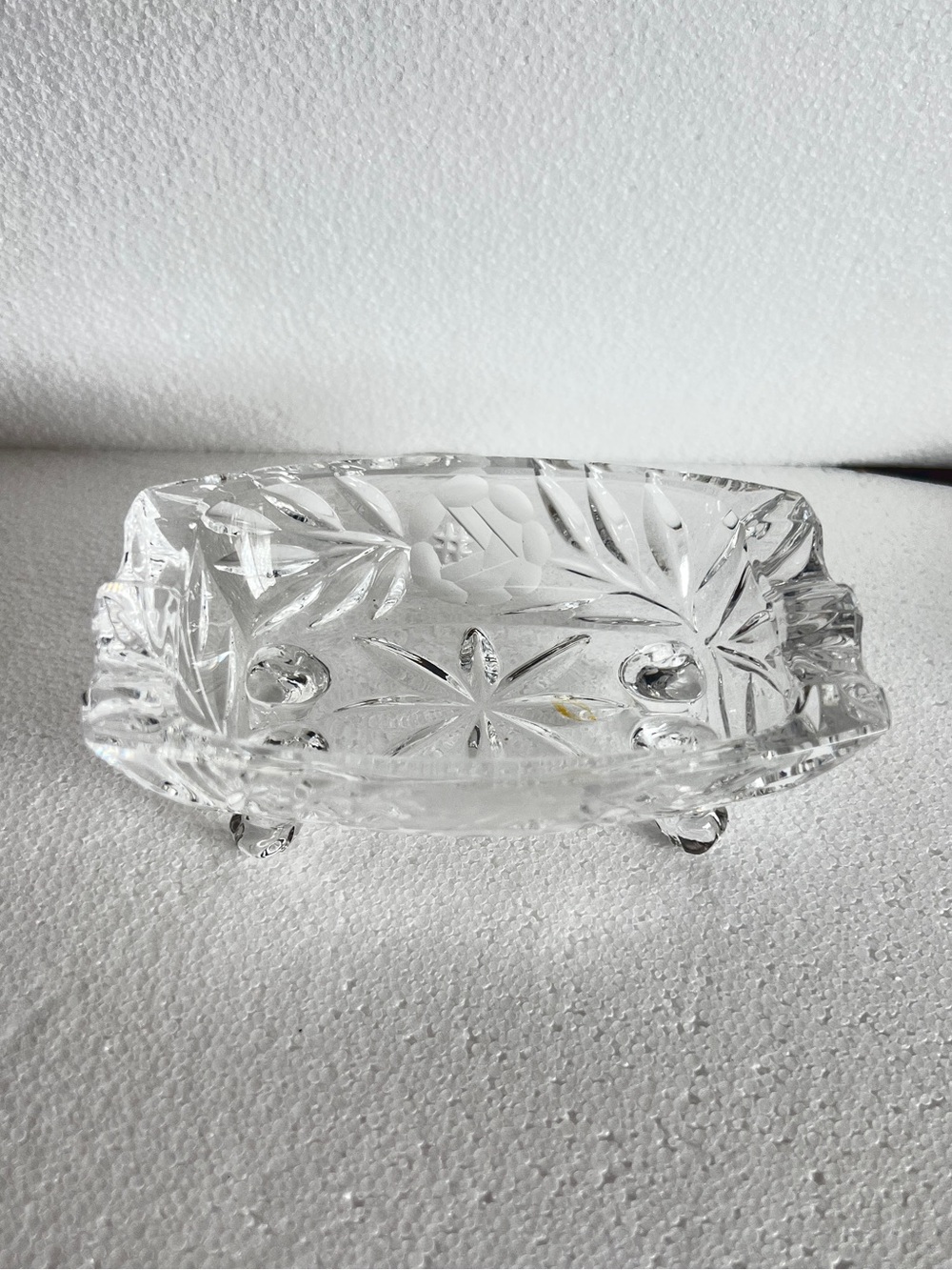 vintage pressed or cut glass footed dish /ashtray/ trinket bowl/soap dish